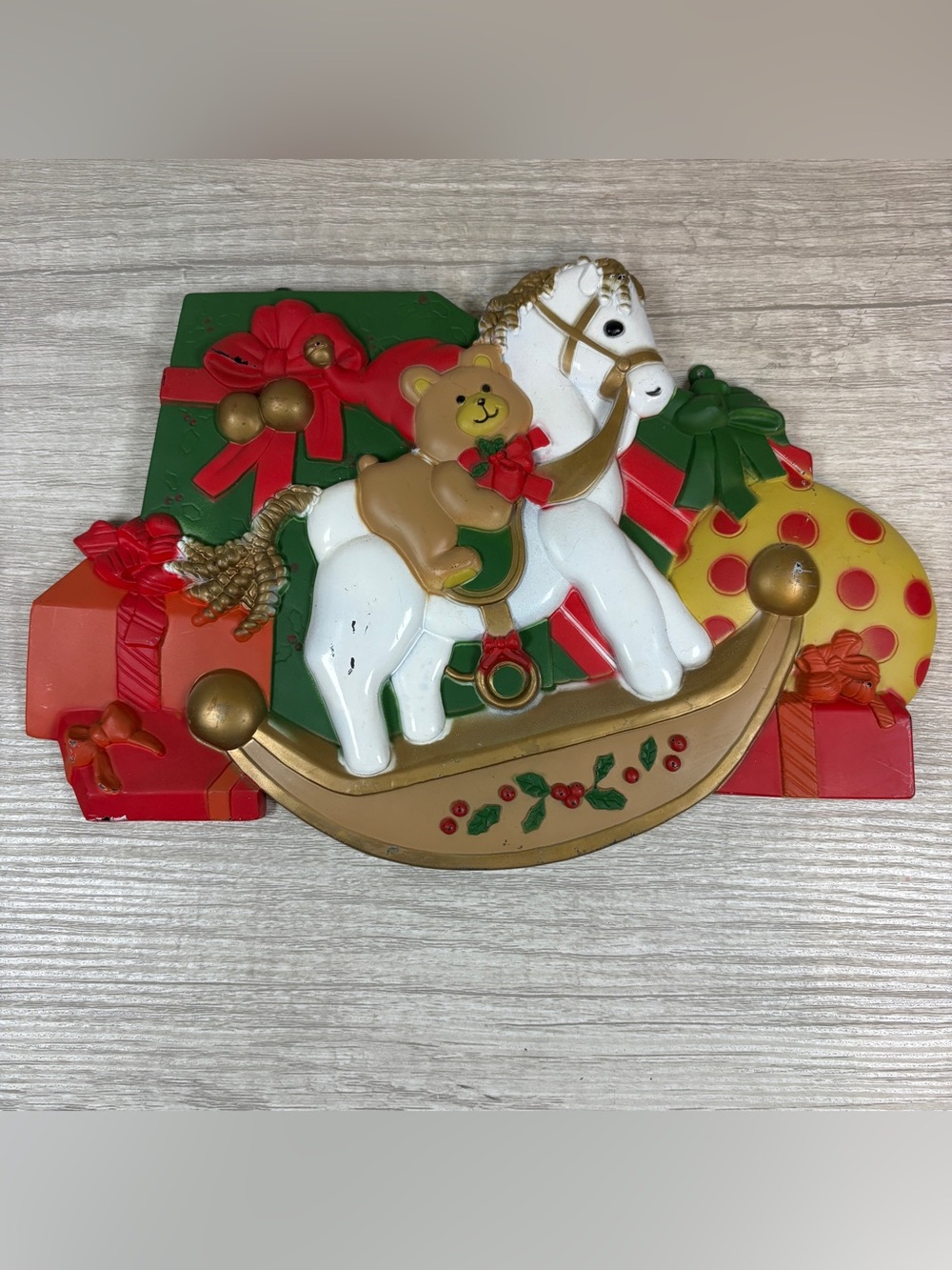 Vintage Christmas Wall Hanging Molded Plastic Rocking horse Bear Presents